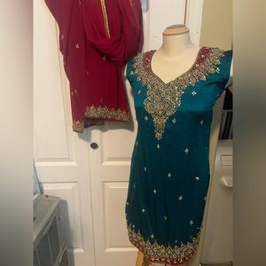 Teal and pink salwar suit with embroidery on top and pants and order on dupatta